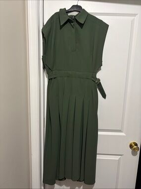 Karen Millen Olive Green Sleeveless Collared Midi Dress with Belt